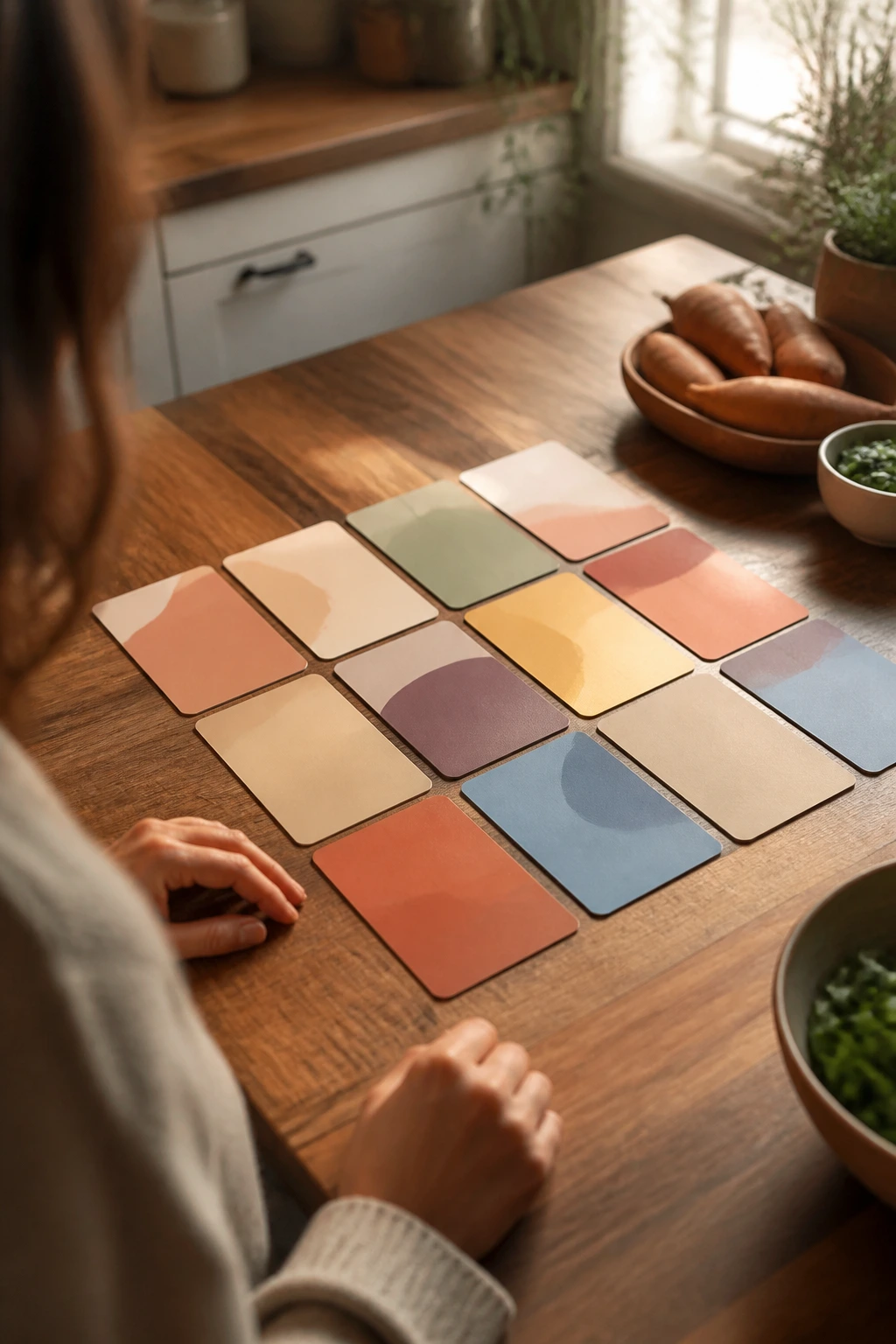 Close-up of a wooden table with abstract color-coded tiles representing a recipe reference, no text, warm kitchen setting