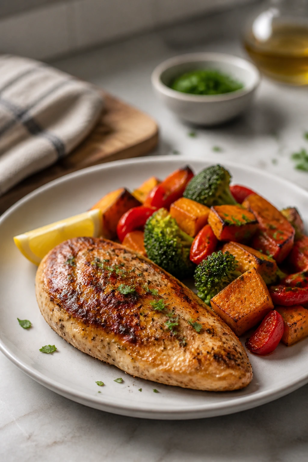 Plate of a prepared dish on a clean kitchen table