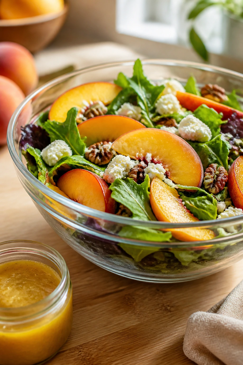 Peach salad in a glass bowl with dressing jar in bright kitchen