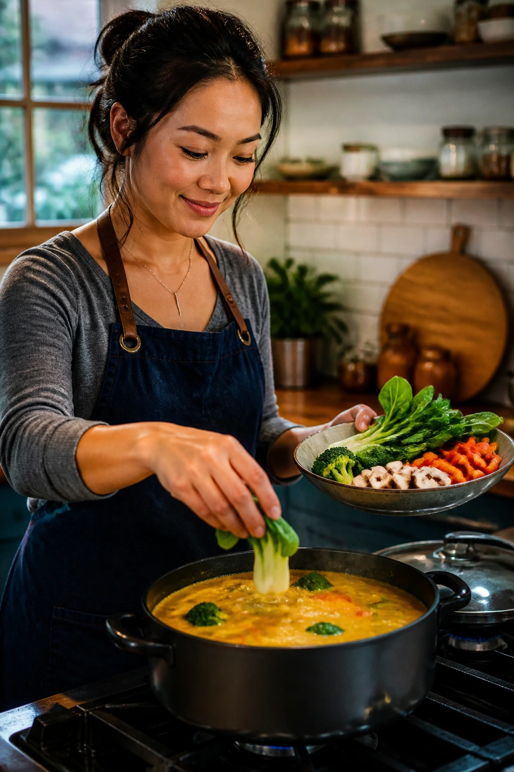 Real home cook adding vegetables to a simmering curry on the stove