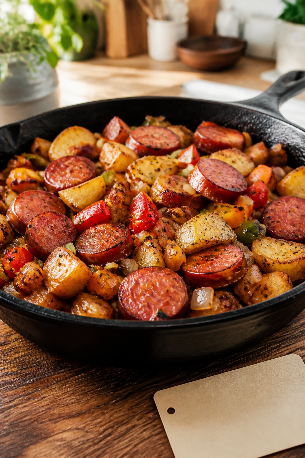 Skillet with crispy smoked sausage and potatoes in a bright kitchen with a blank recipe card nearby