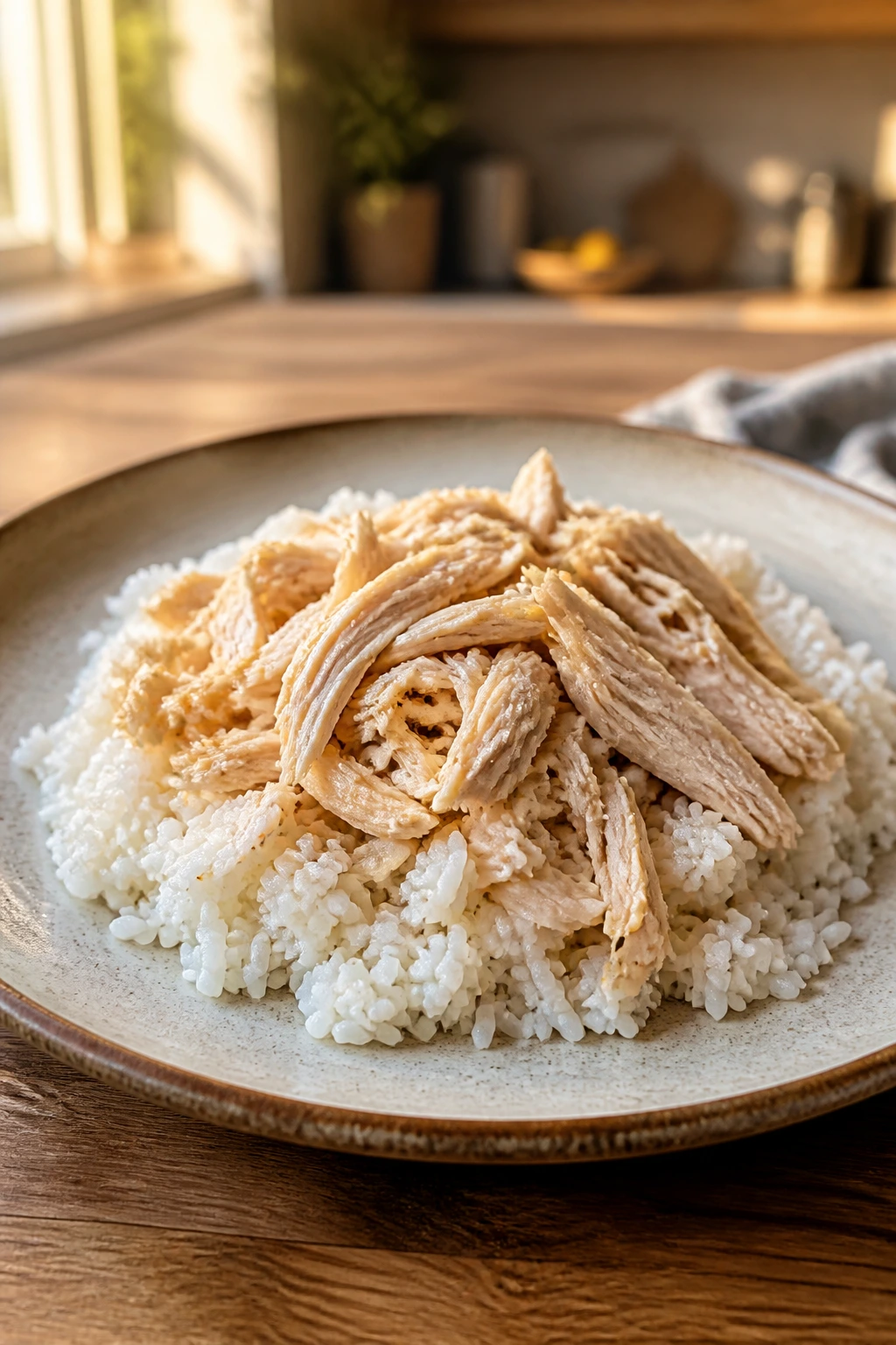 Simple plate of rice with shredded chicken illustrating easy recovery meal