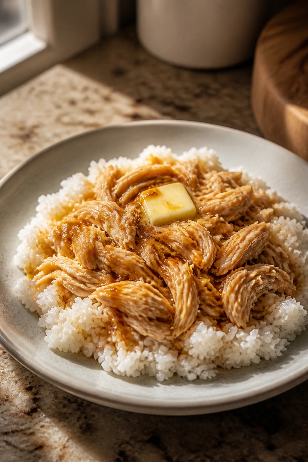 Close-up of a chicken and rice plate on a warm kitchen counter
