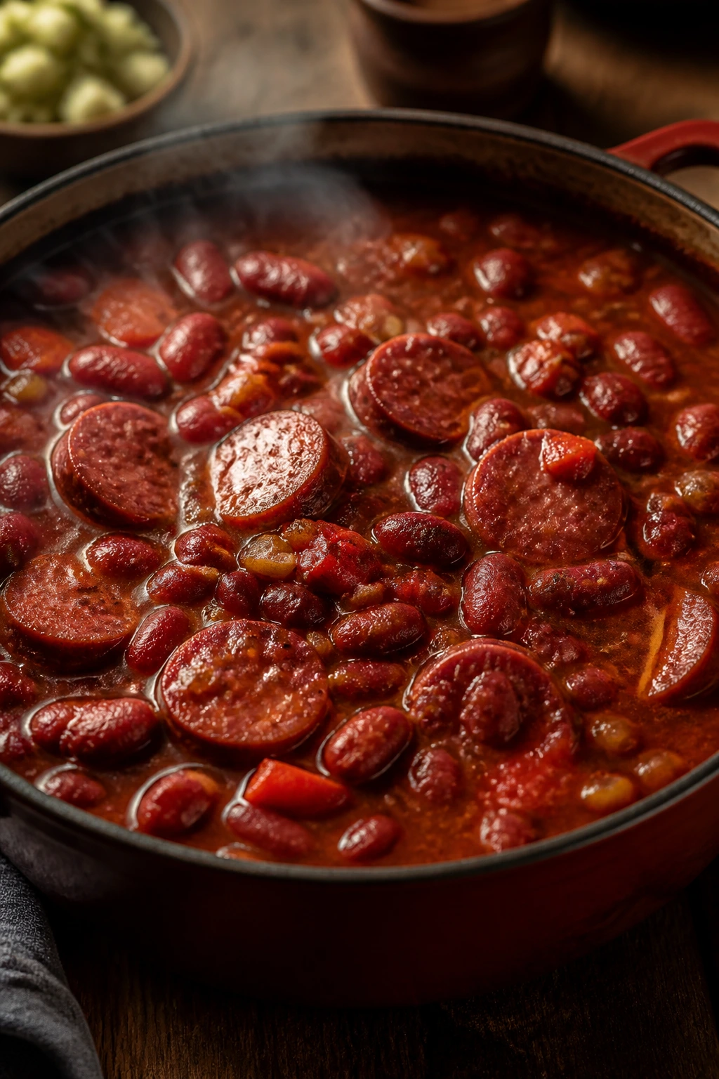 Close-up of Red Bean and Andouille Soup with sausage in deep red broth