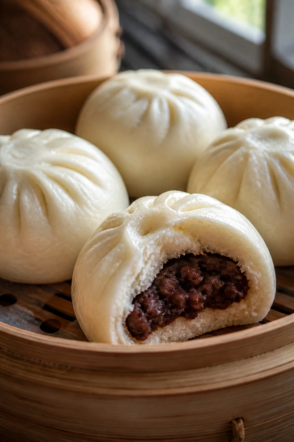Close-up of soft red bean buns in a bamboo steamer