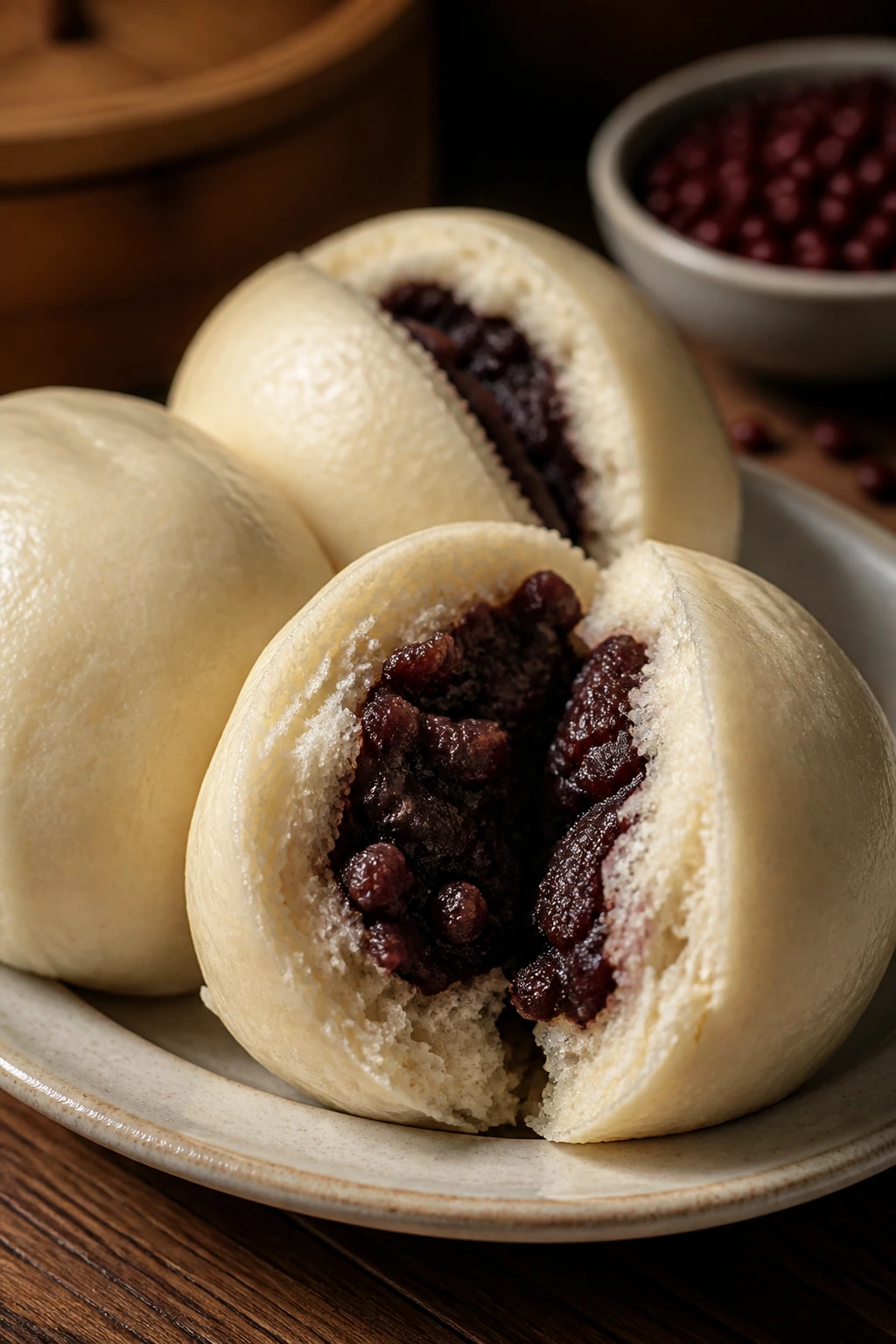 Soft red bean buns with filling visible through a split
