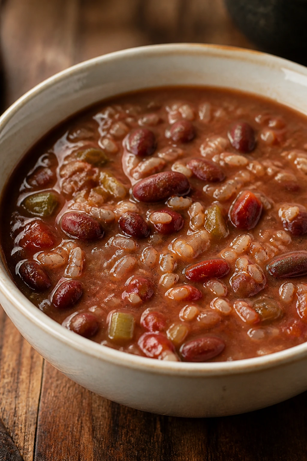 Close-up of red bean and rice soup in a bowl on a wooden table.