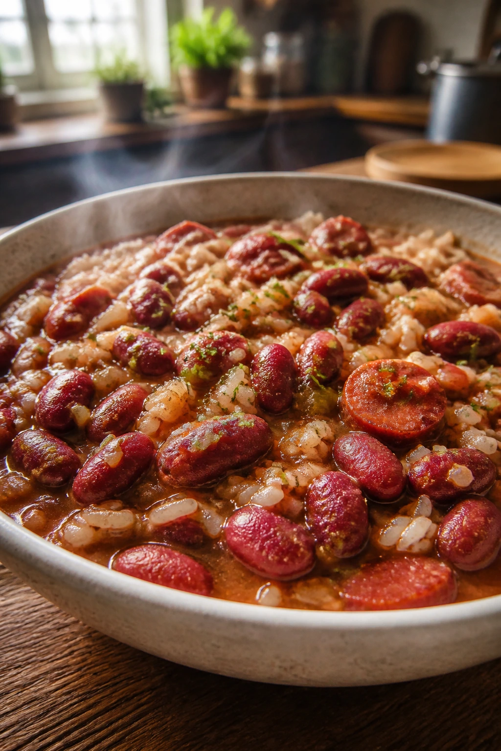 Bowl of red beans and rice in a savory sauce