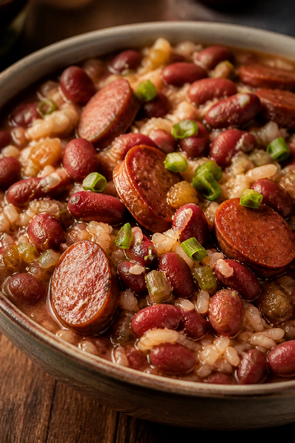 Bowl of red beans and rice with sausage on wooden table