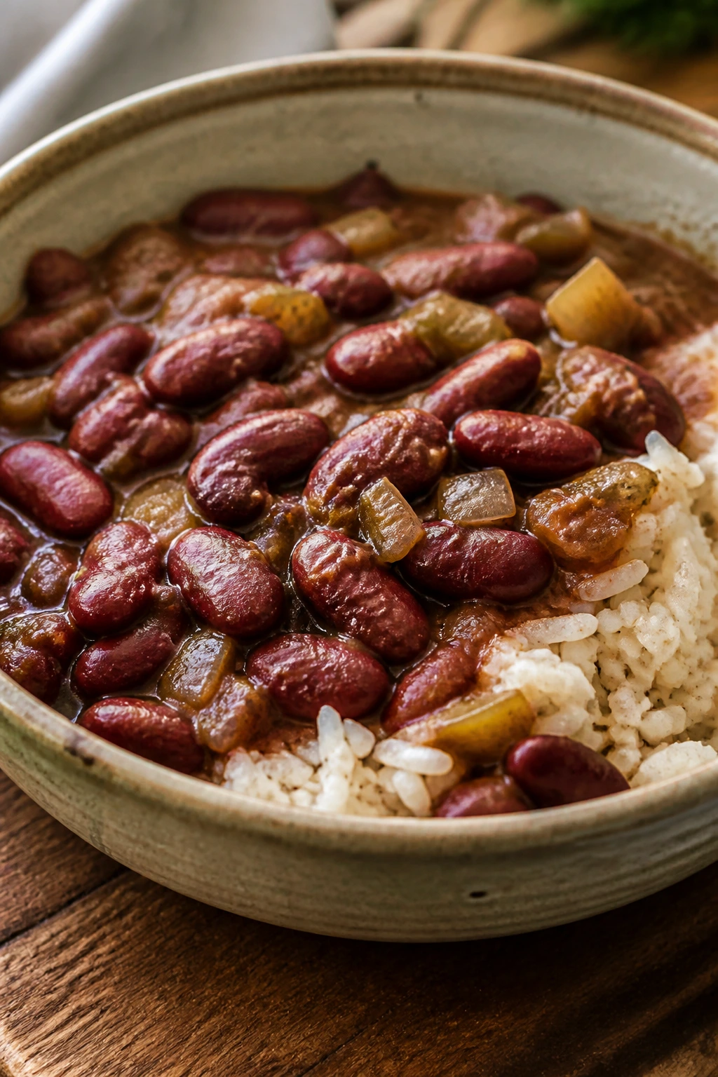Rustic bowl of red beans and rice on a wooden table