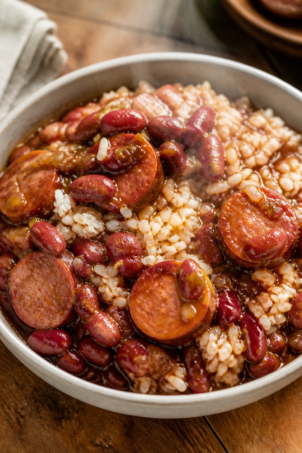 Bowl of red beans and rice with sausage in thick sauce