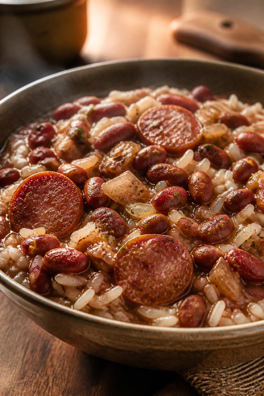 Close-up of red beans and rice in a steaming bowl on a rustic wooden table, sausage visible.