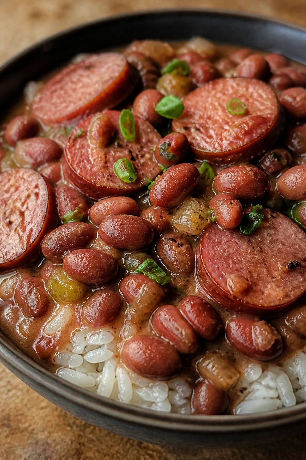 Close-up of Red Beans and Rice with Smoked Sausage in a deep bowl