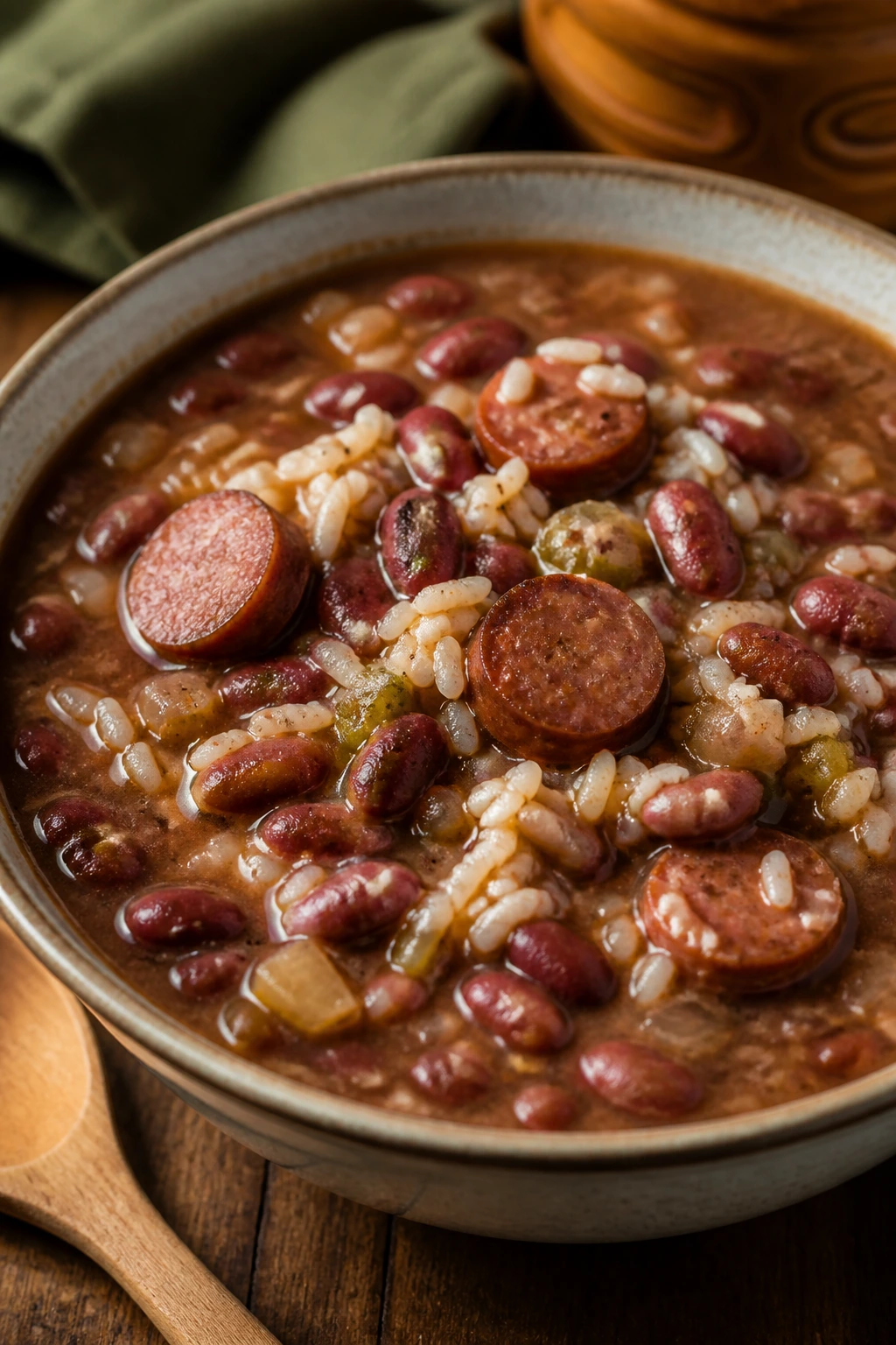 Close-up of Red Beans and Rice Soup with sausage, beans, and rice.