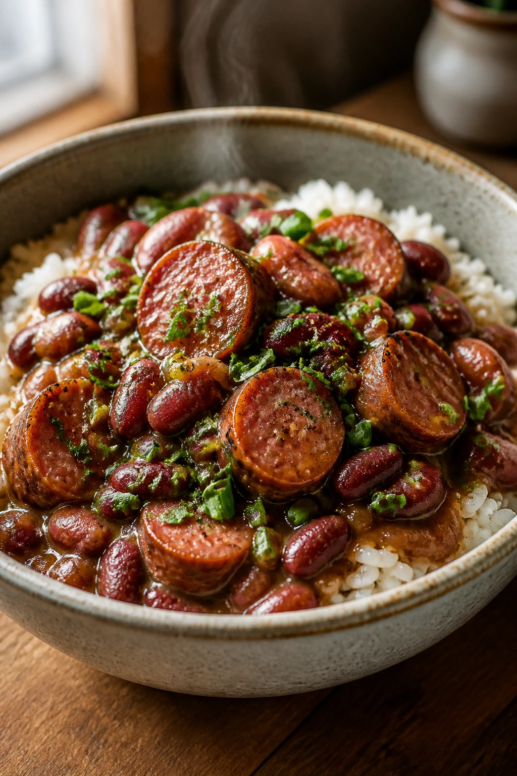 Close-up of red beans and rice with smoked sausage in a bowl