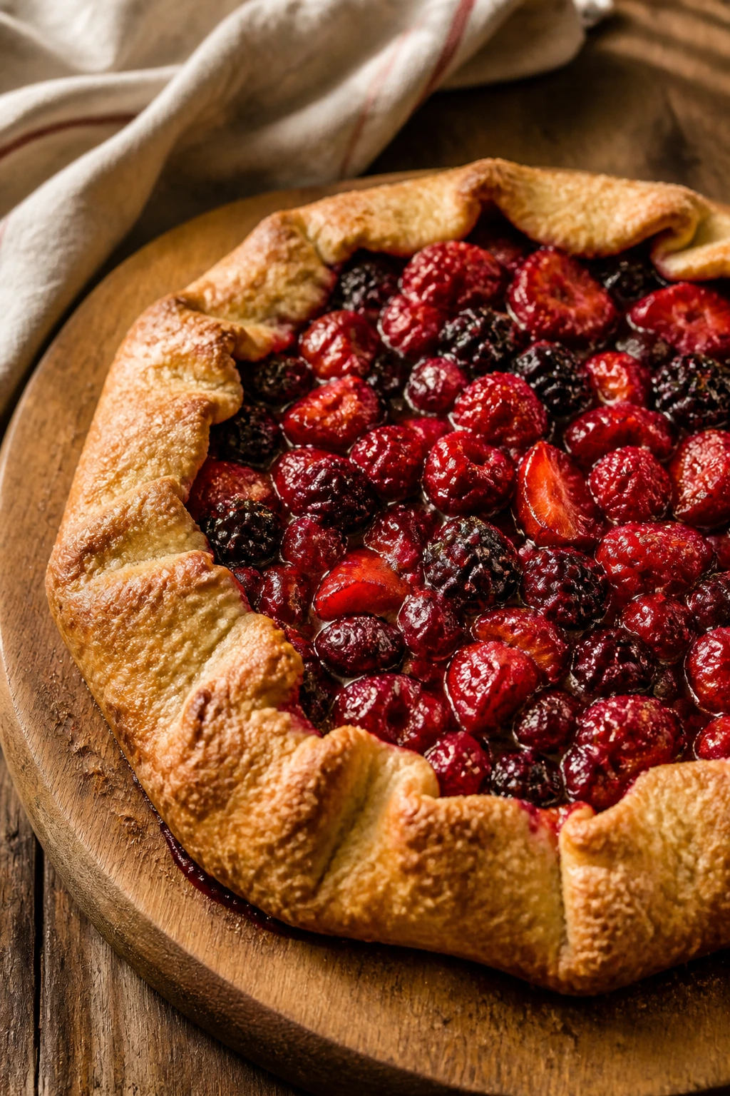 Close-up of Red Berry Galette on a wooden board