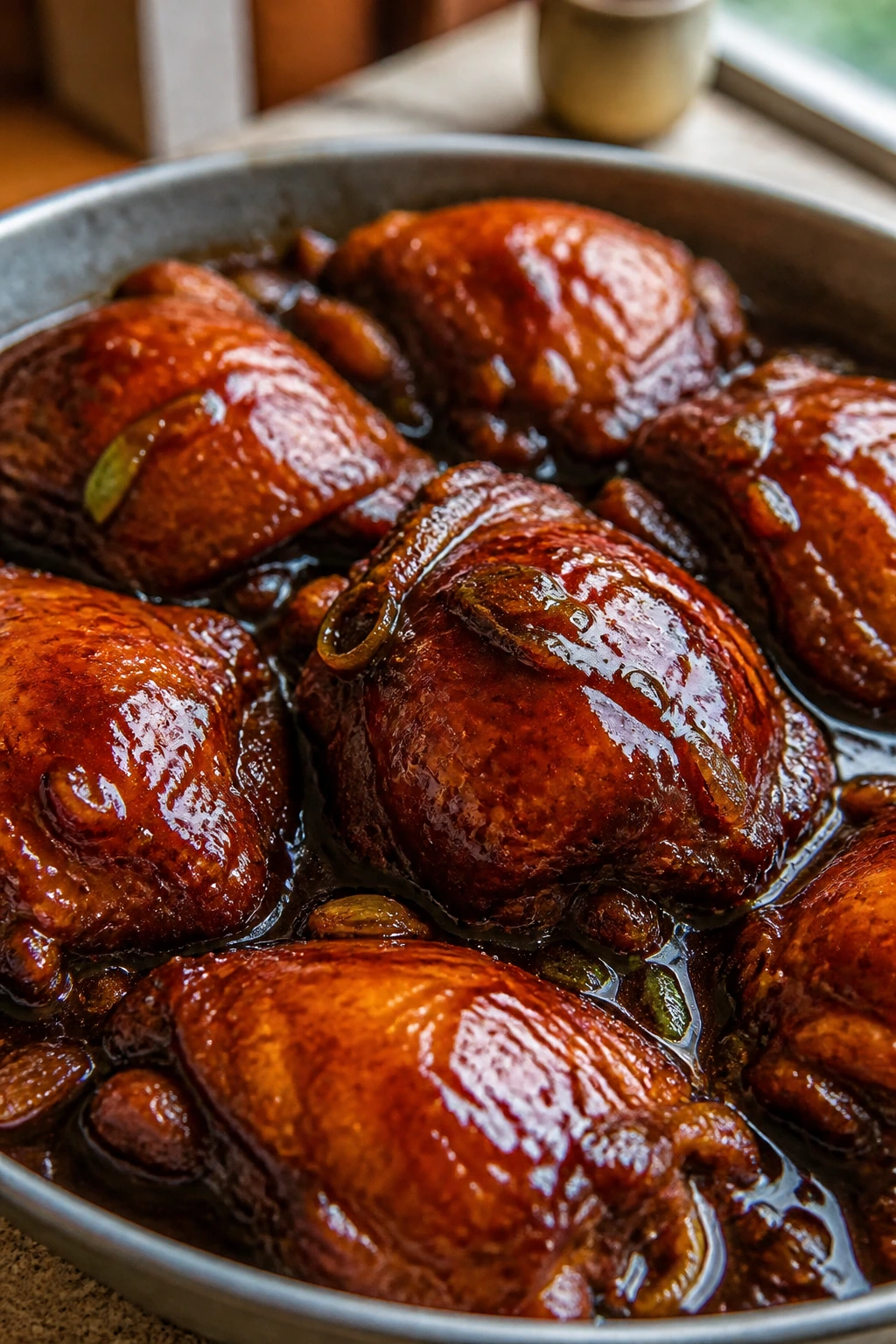 Close-up of glossy red-braised chicken in lacquered sauce