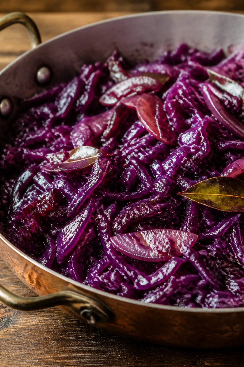 Jewel-toned braised red cabbage with apple cider vinegar in a copper skillet