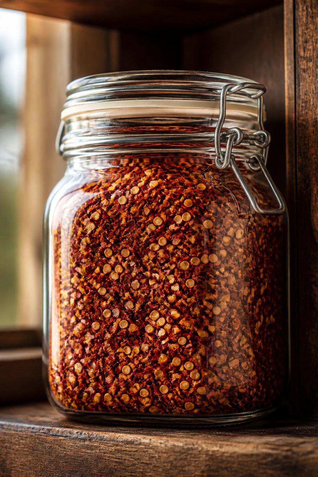 Close-up of an airtight jar of red chili flakes on a wooden pantry shelf in a kitchen.