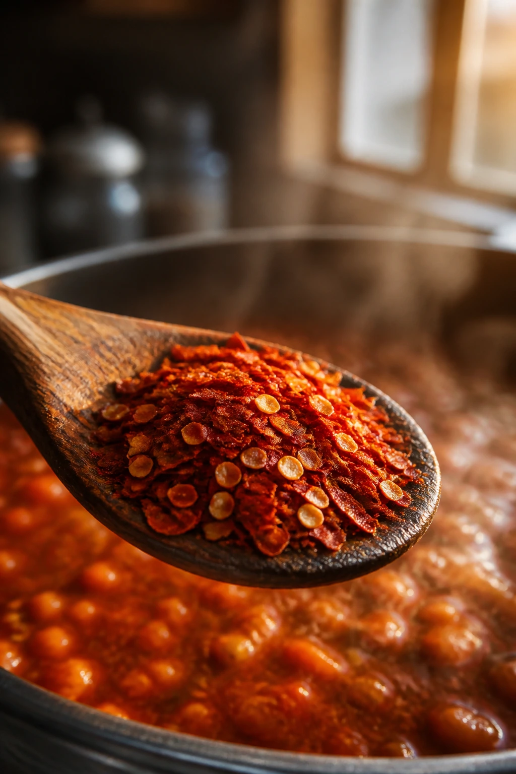 Close-up of bright red chili flakes on a wooden spoon in a cozy kitchen