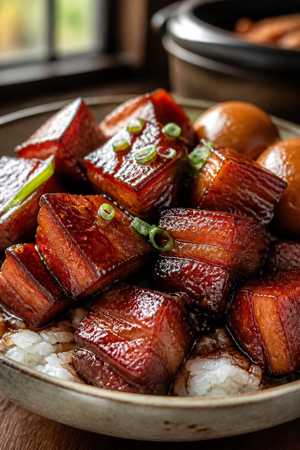 Close-up of glossy red-cooked pork belly in braising sauce over rice