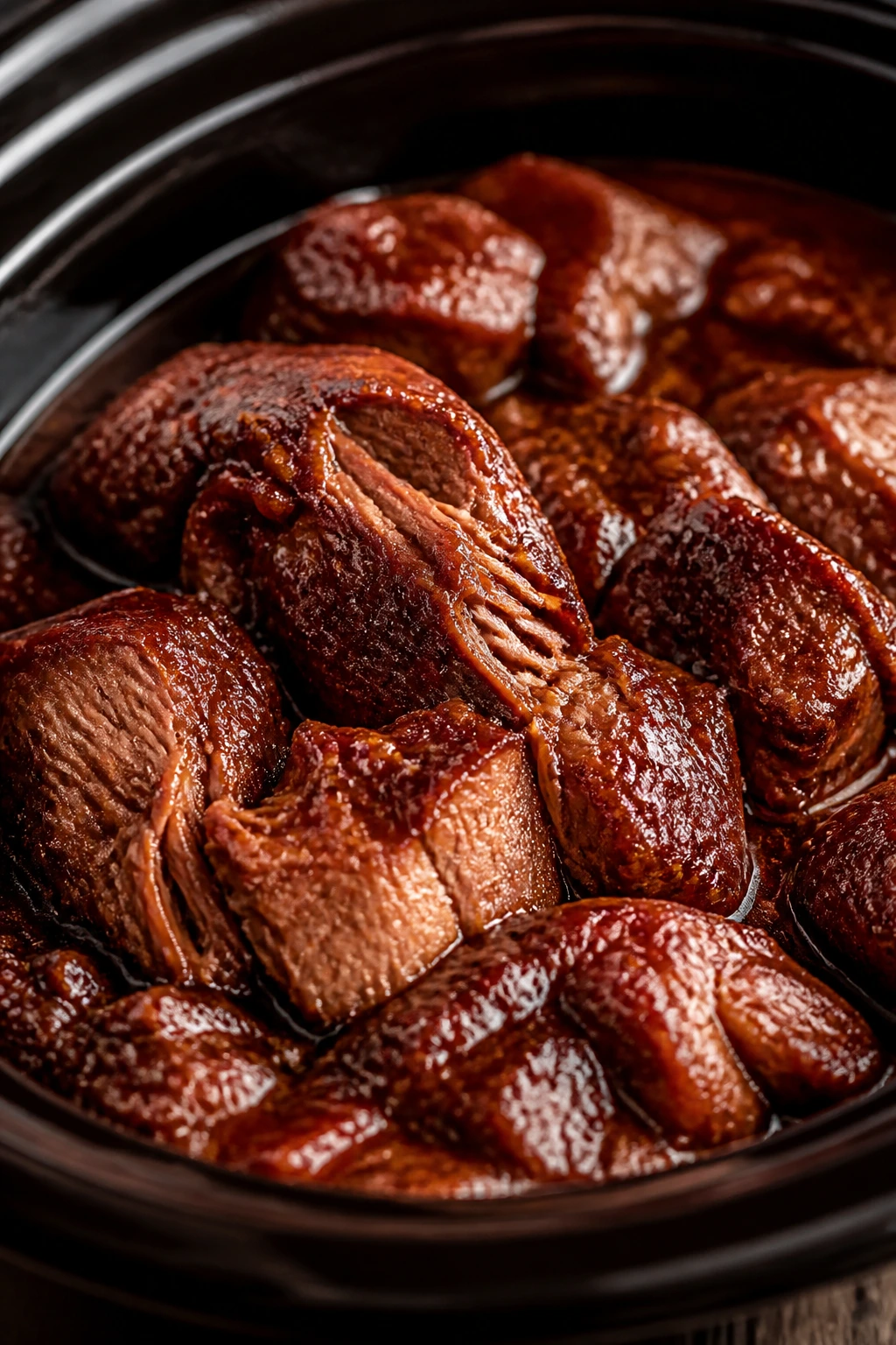 Close-up of glossy red-cooked pork shoulder chunks in mahogany sauce