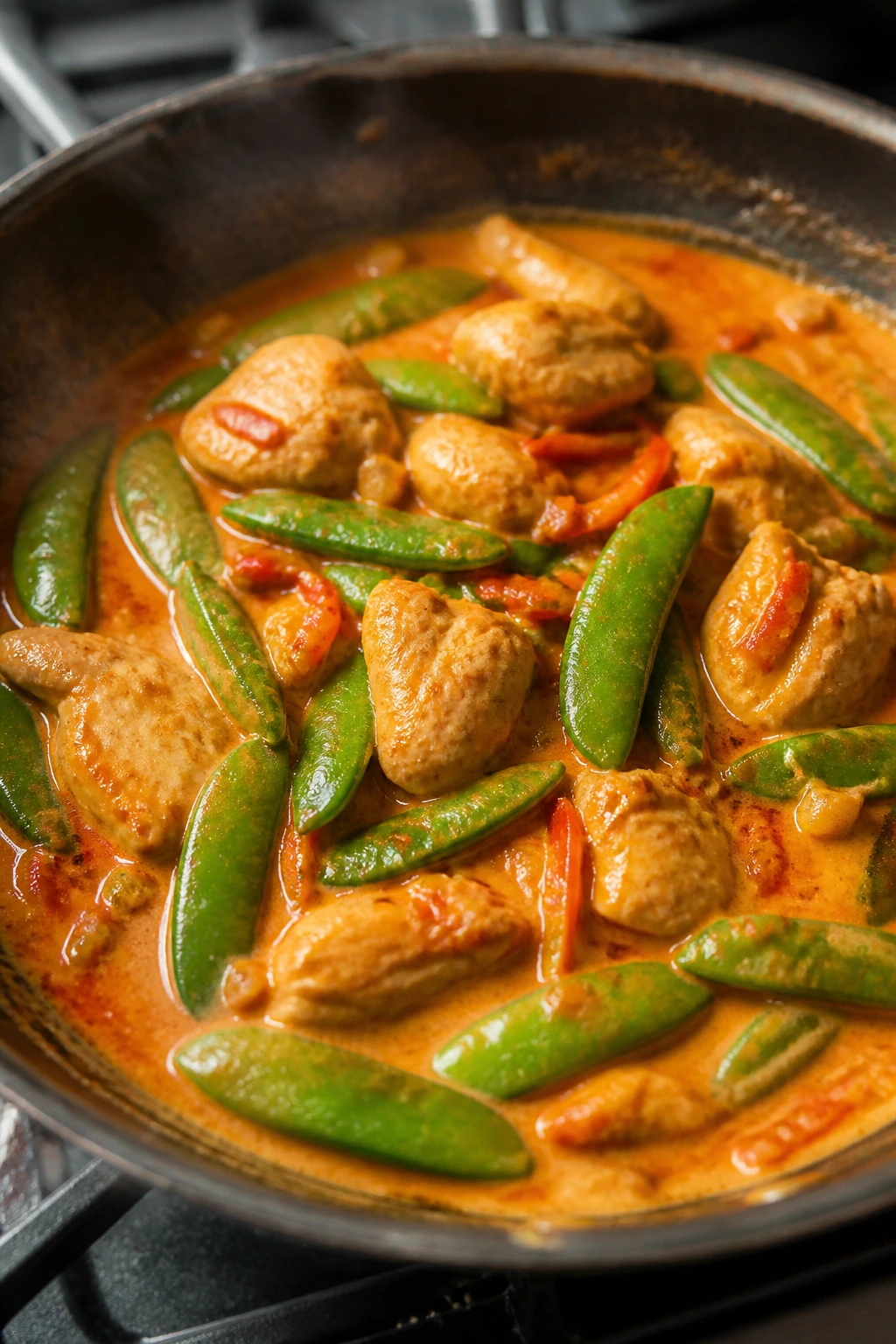 Close-up of red curry chicken with snap peas in coconut sauce