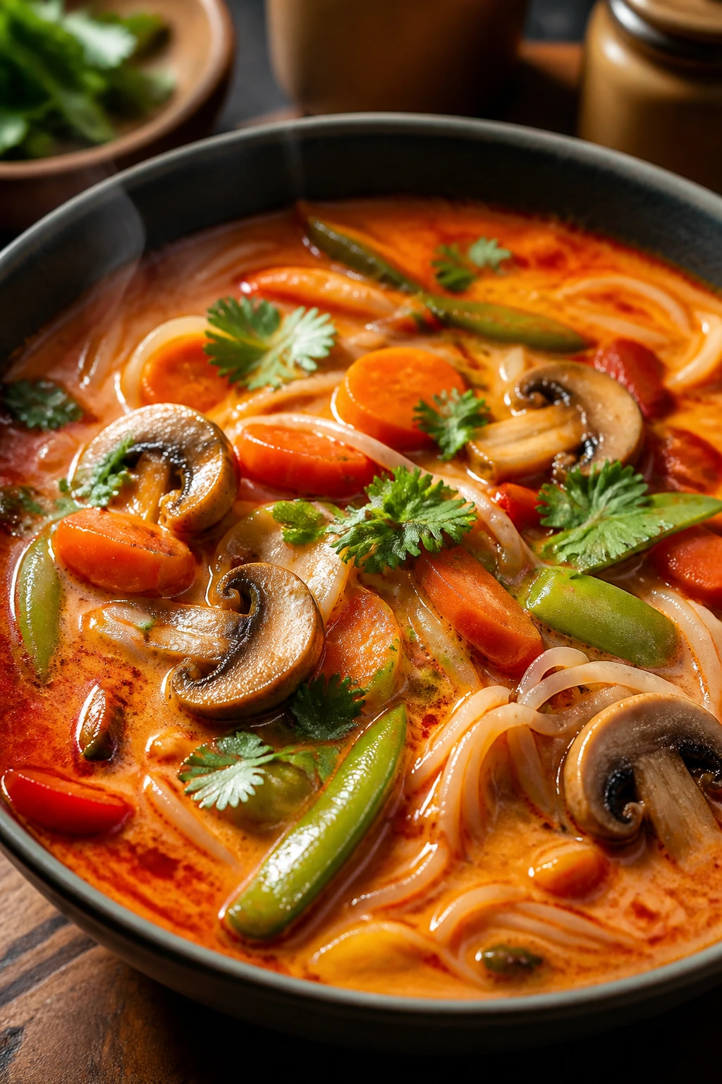 Steaming bowl of red curry noodle soup with vegetables.