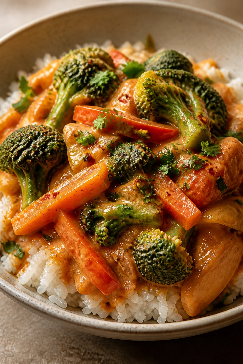 Close-up of red curry vegetable rice bowl with coconut milk