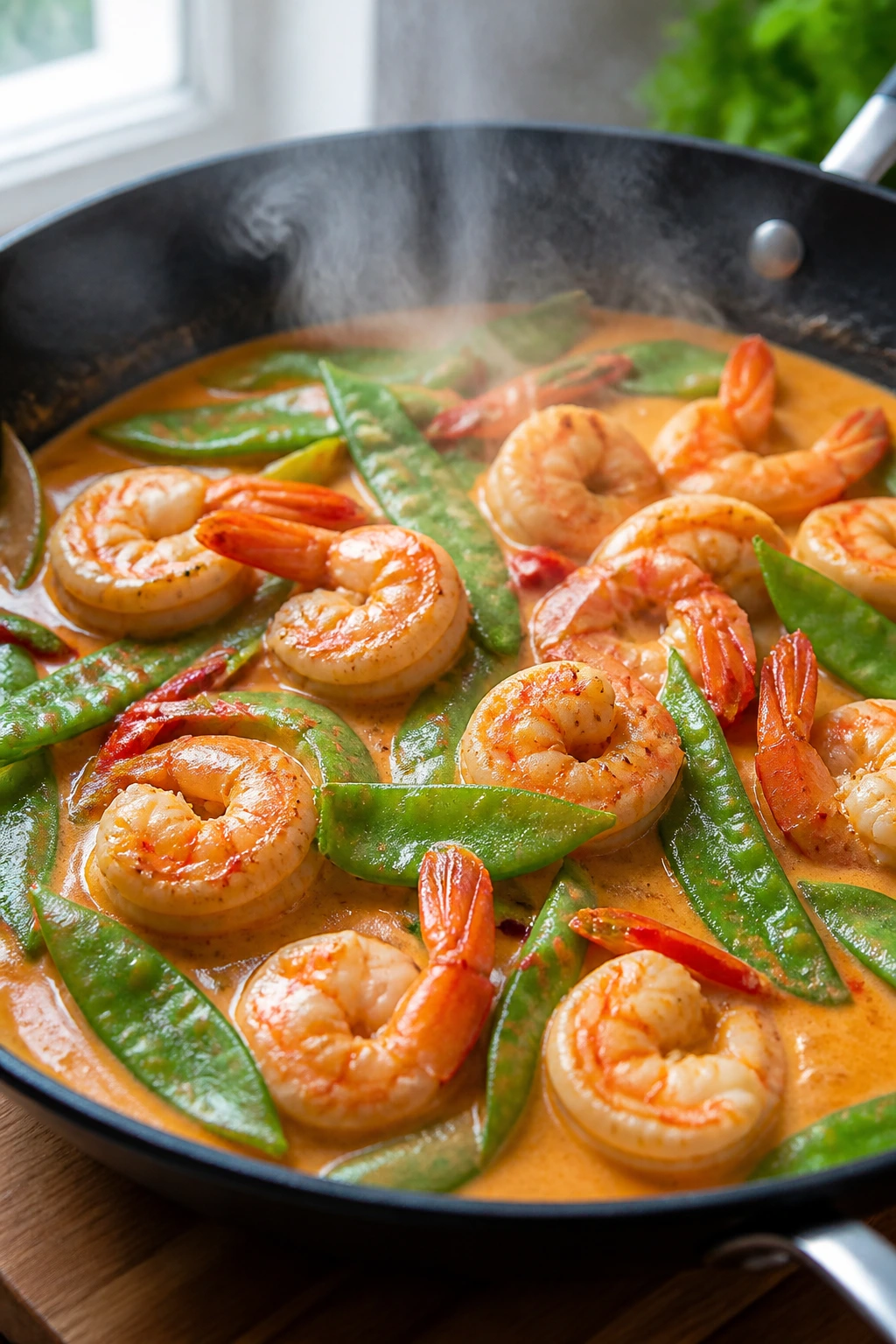 Shrimp and snow peas in red curry sauce