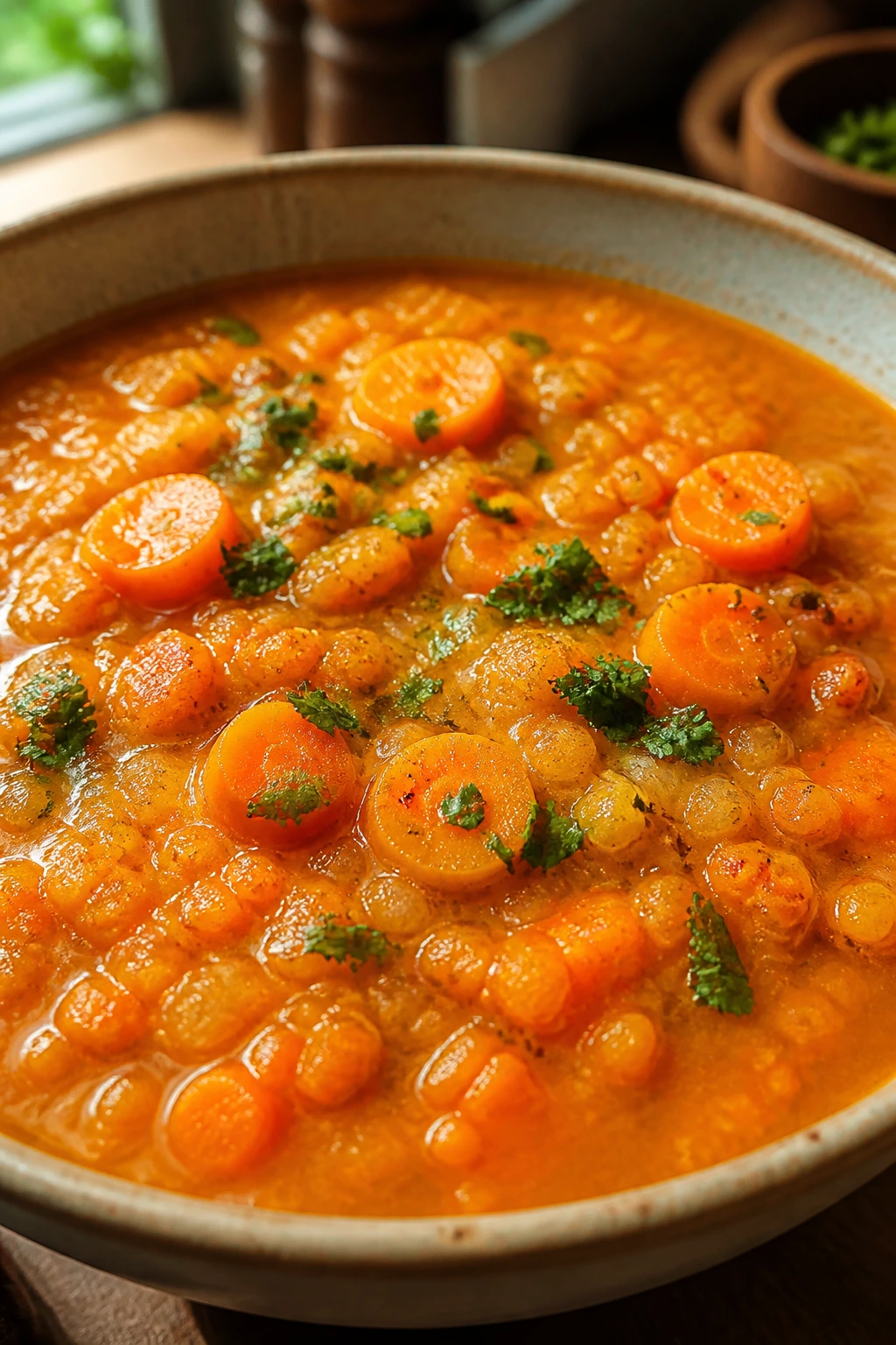 Bright orange-red red lentil carrot soup in a bowl.