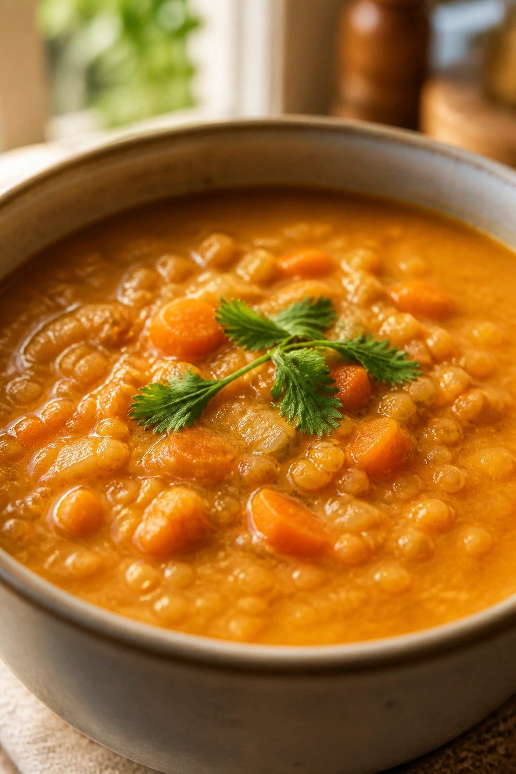 Red lentil carrot soup in a bowl with orange hue