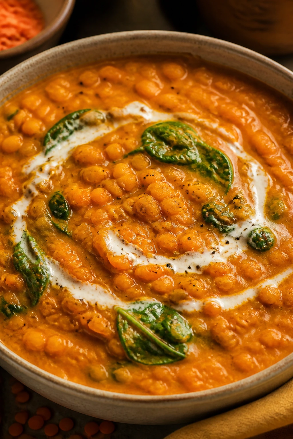 Bright red lentil coconut curry soup in a bowl