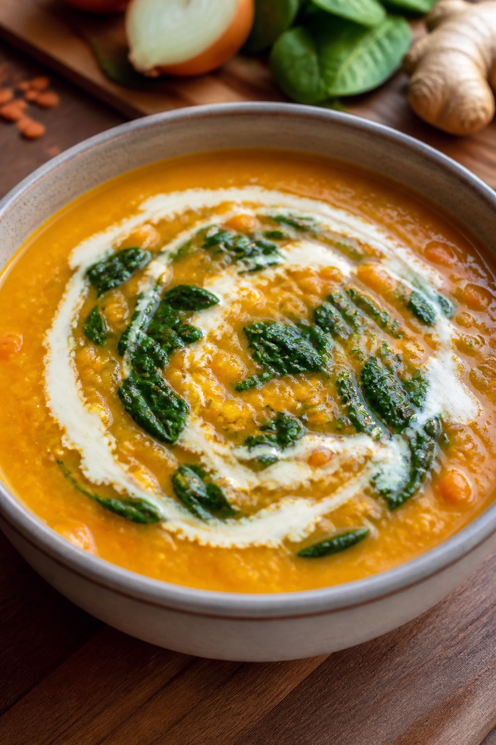 Orange-red lentil coconut soup in a bowl with spinach on top