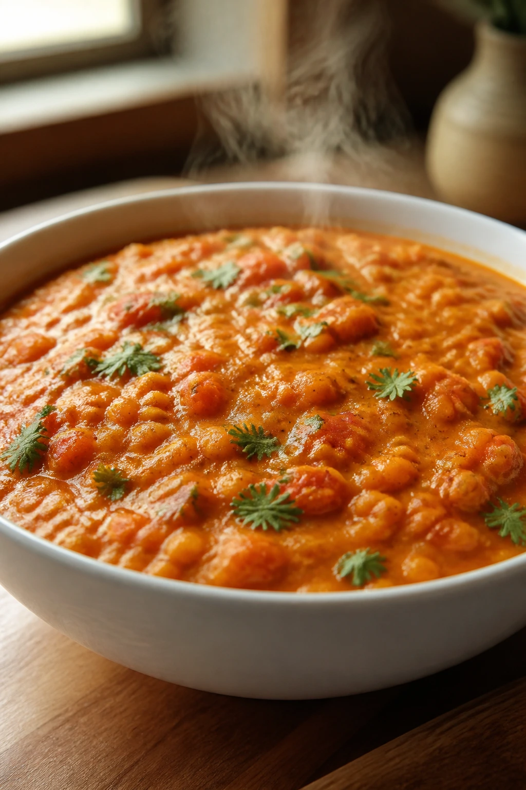 Close-up of red lentil coconut curry in a bowl on a wooden counter with warm kitchen lighting