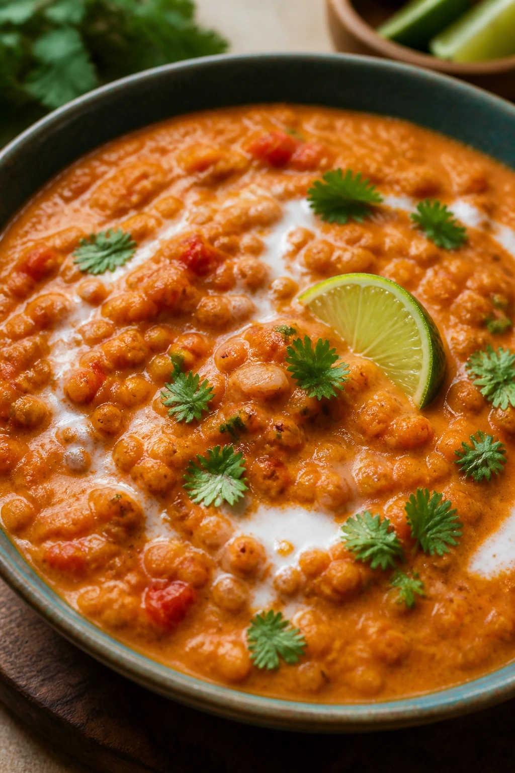 Close-up of red lentil coconut curry in a bowl with warm lighting