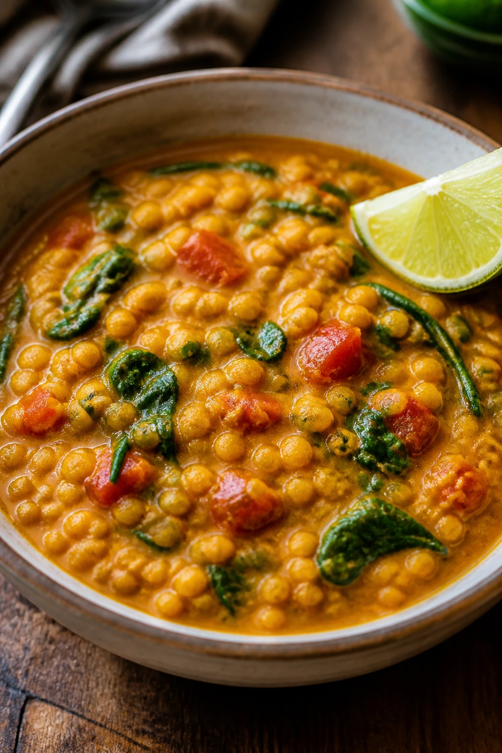 Velvety red lentil coconut curry in a bowl with greens and lime.