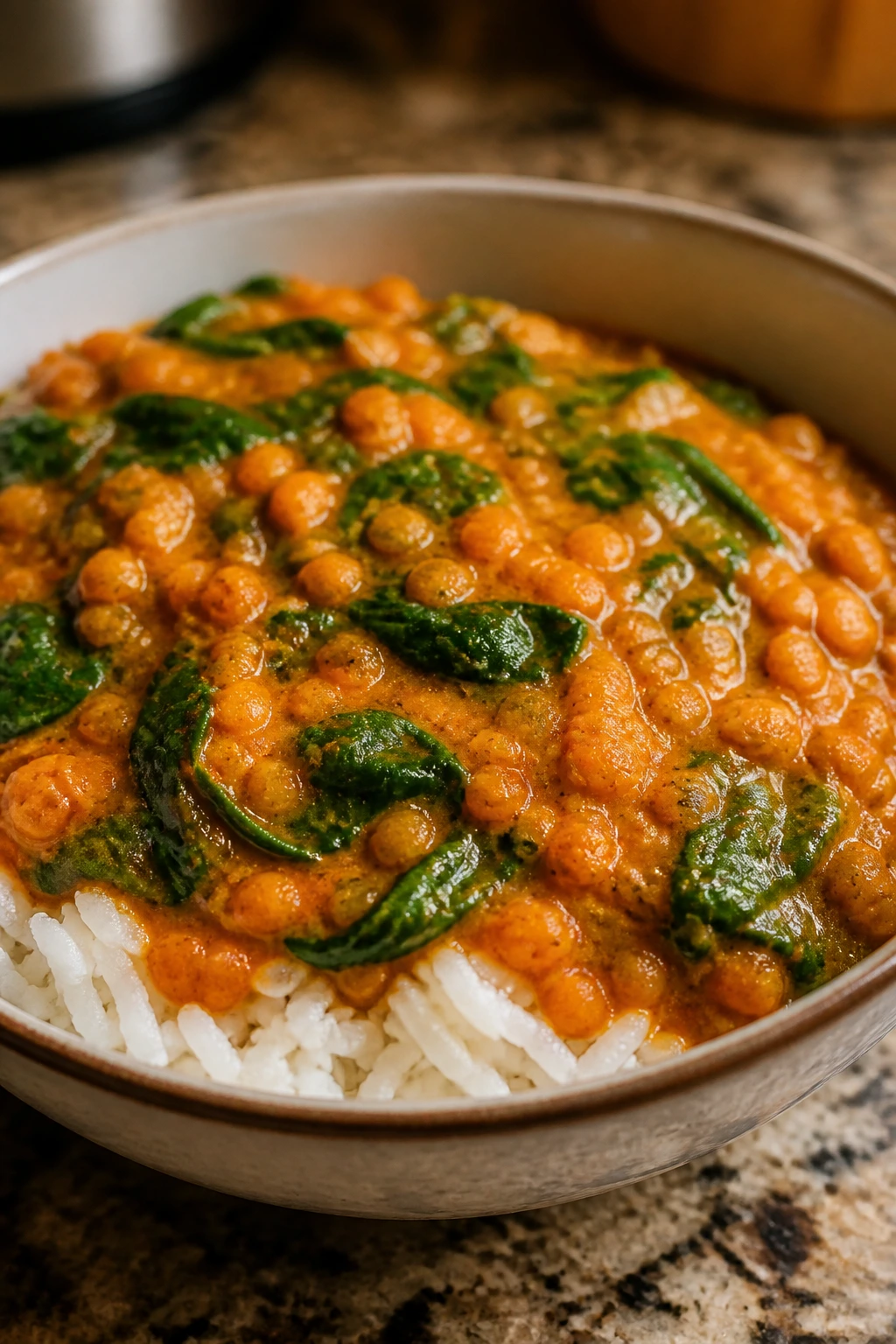 Orange-red lentil curry with spinach served over rice in a bowl