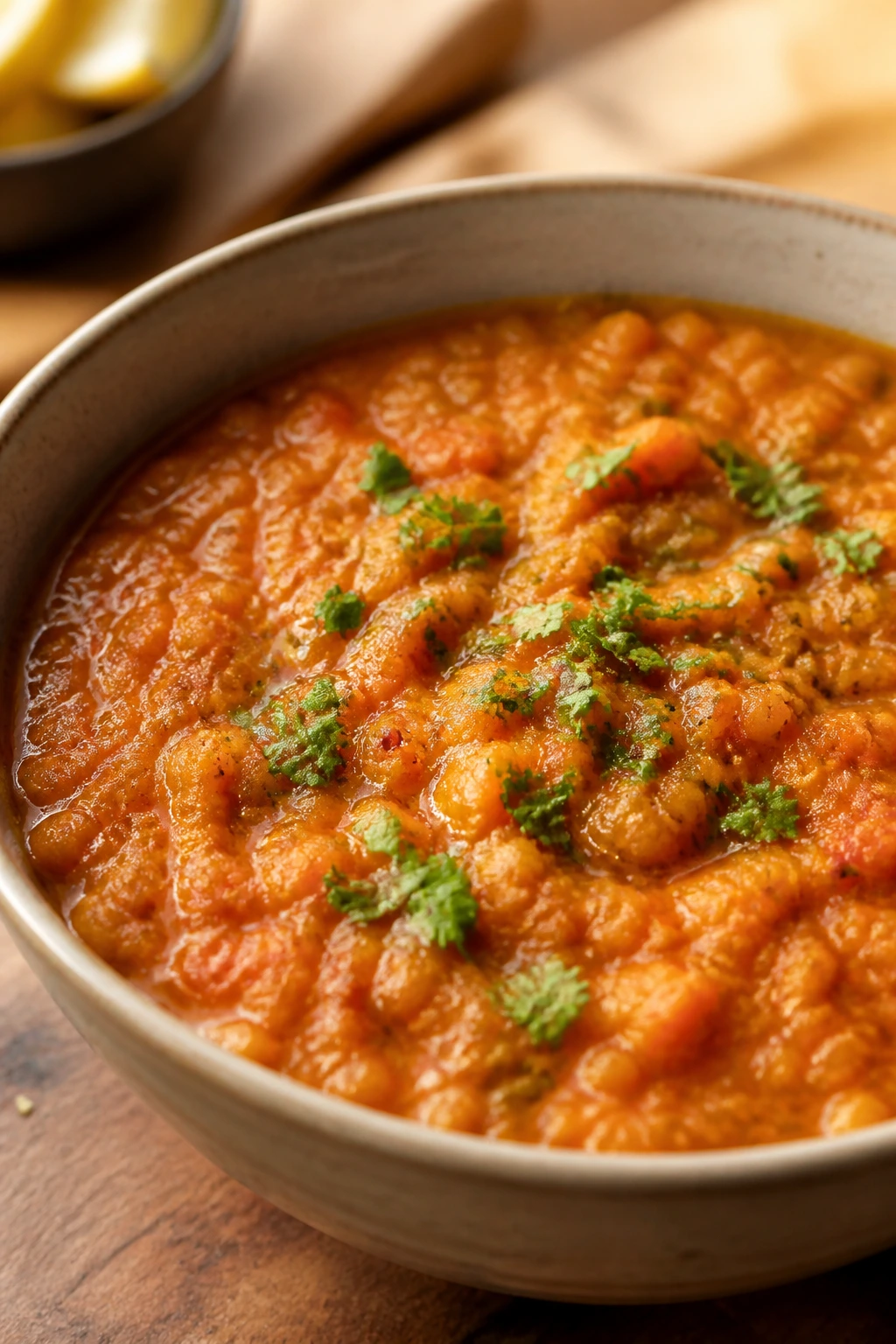 Close-up of steaming red lentil dal in a bowl with warm kitchen lighting