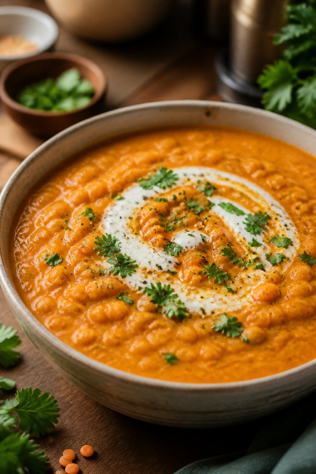 Creamy coconut red lentil dal in a bowl