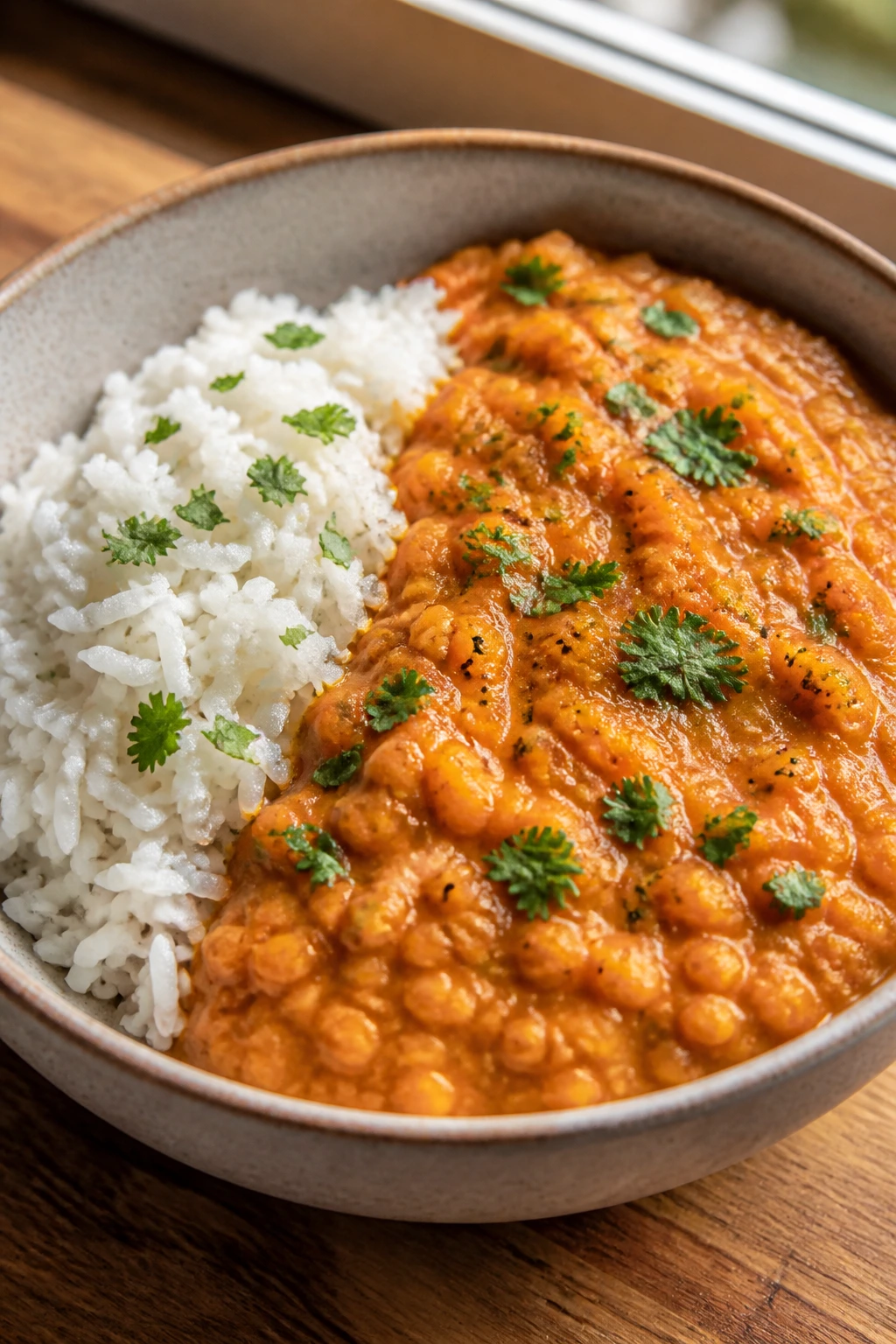 Creamy red lentil dal with rice in a ceramic bowl on a wooden table