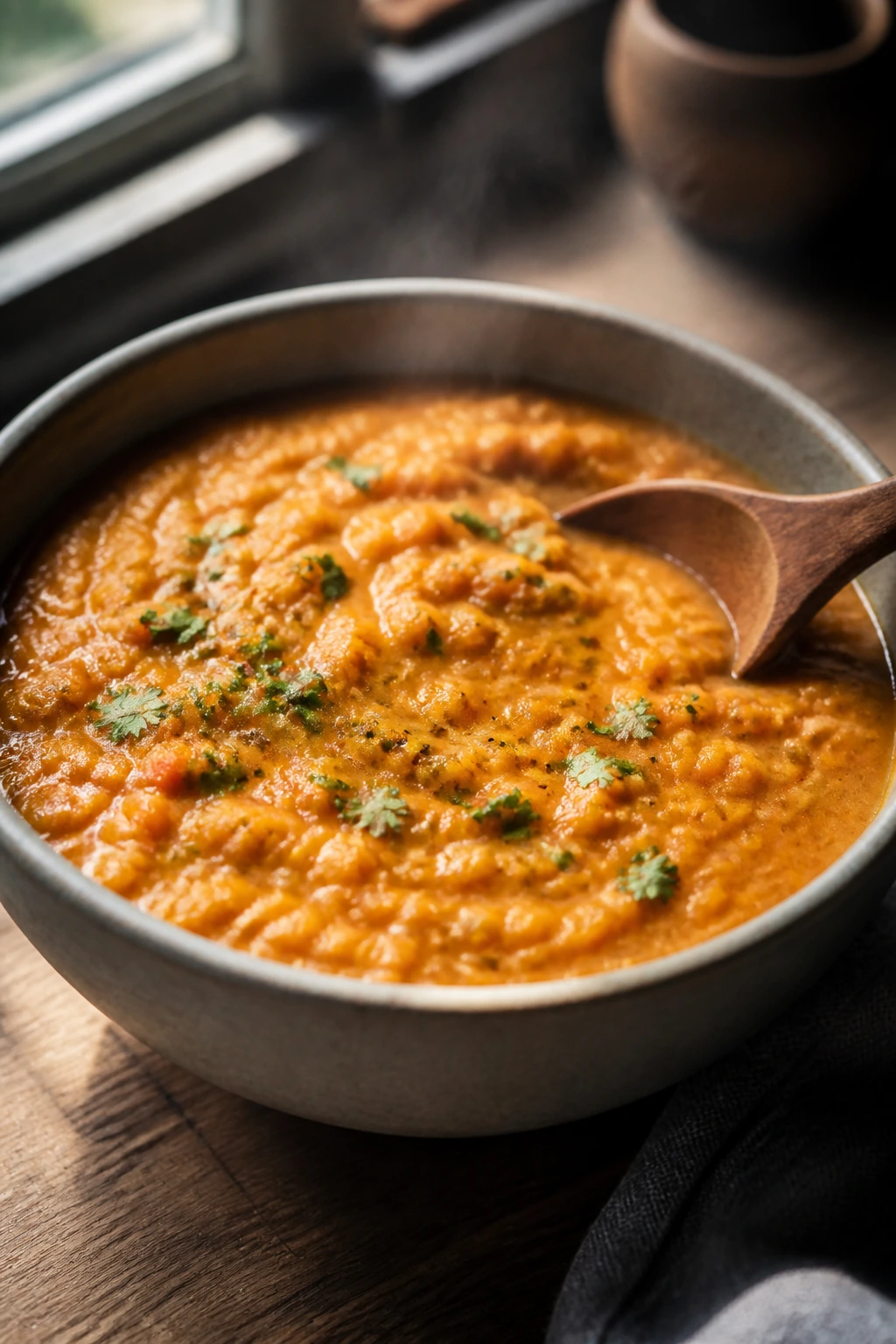 Close-up of velvety red lentil dal in a ceramic bowl with warm kitchen lighting
