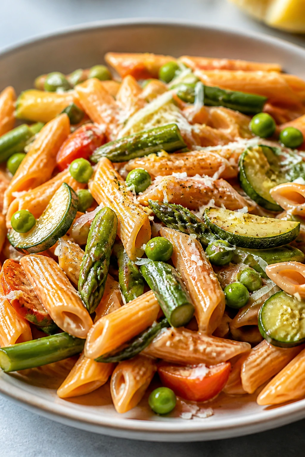 Close-up of red lentil pasta primavera with vegetables on a plate