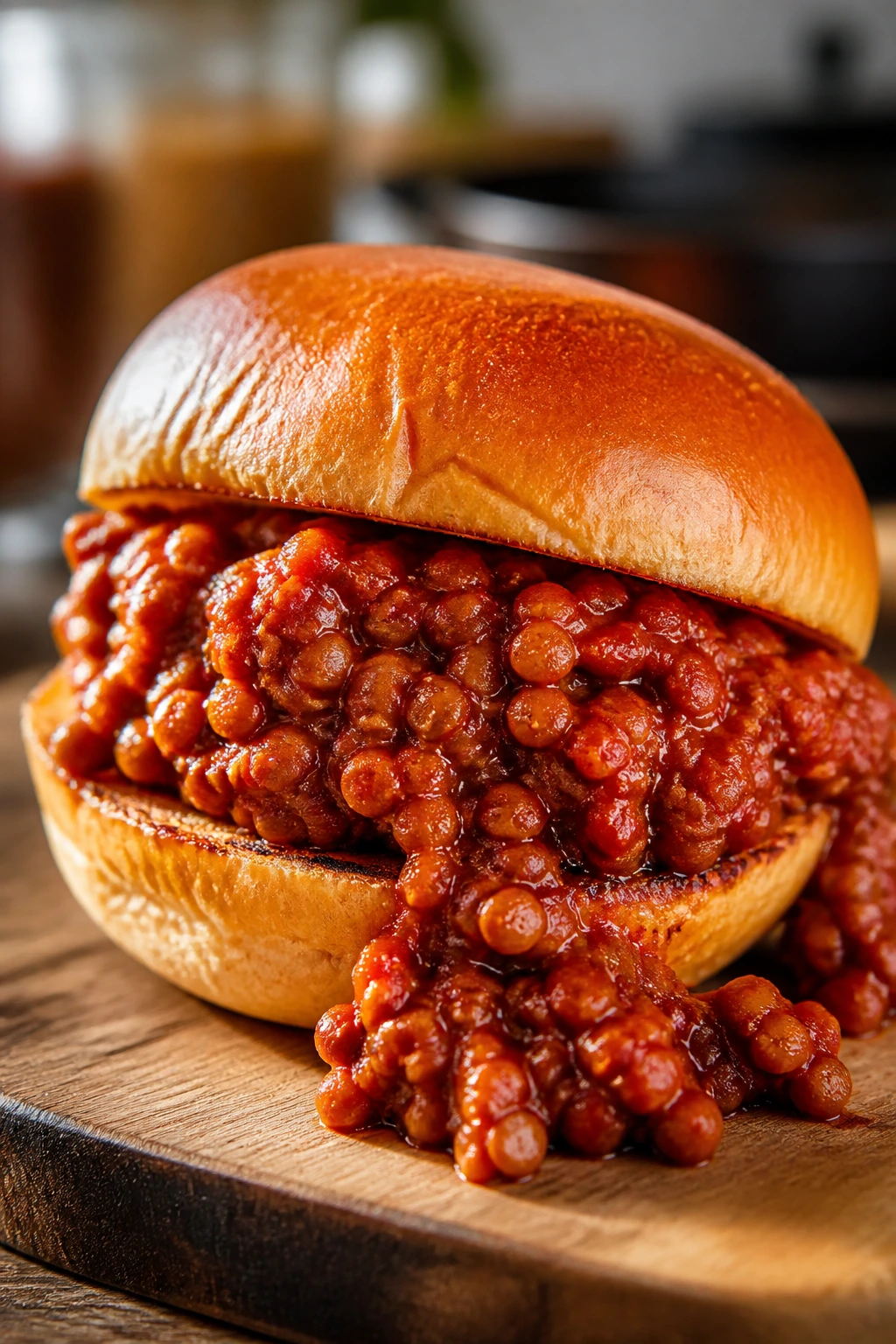 Toasted bun filled with red lentil sloppy joe filling