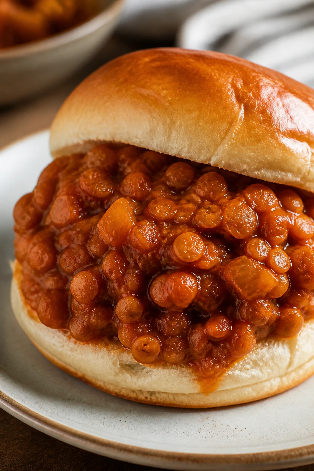 Bun topped with red lentil sloppy joe filling