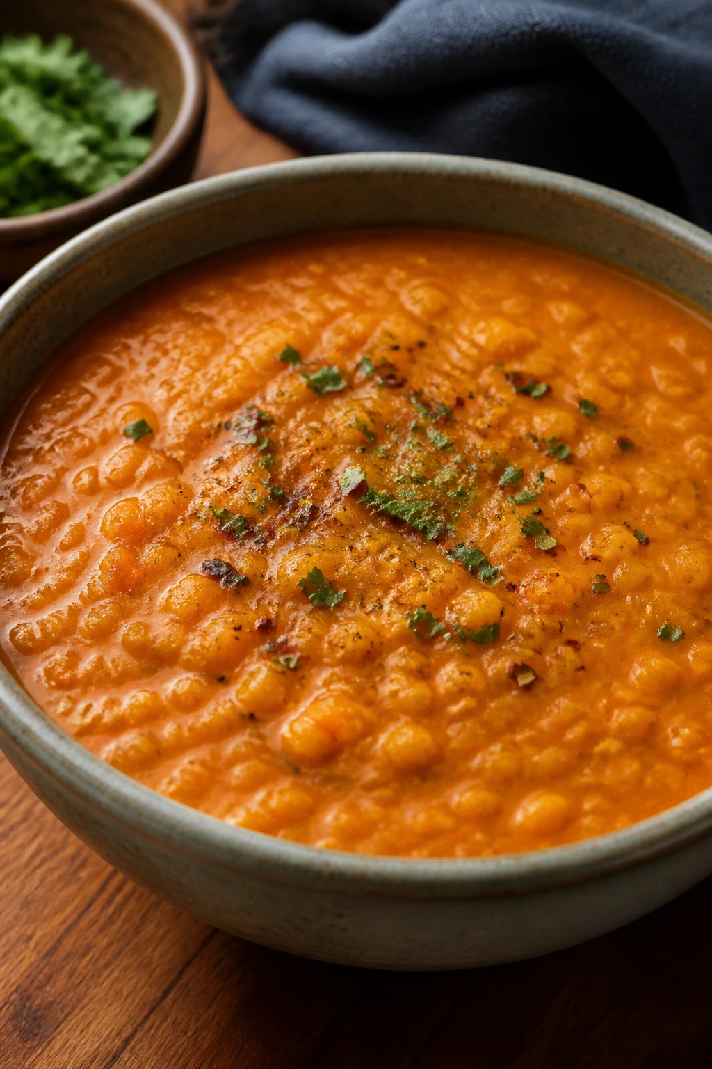 Steaming bowl of red lentil soup in a cozy kitchen setting
