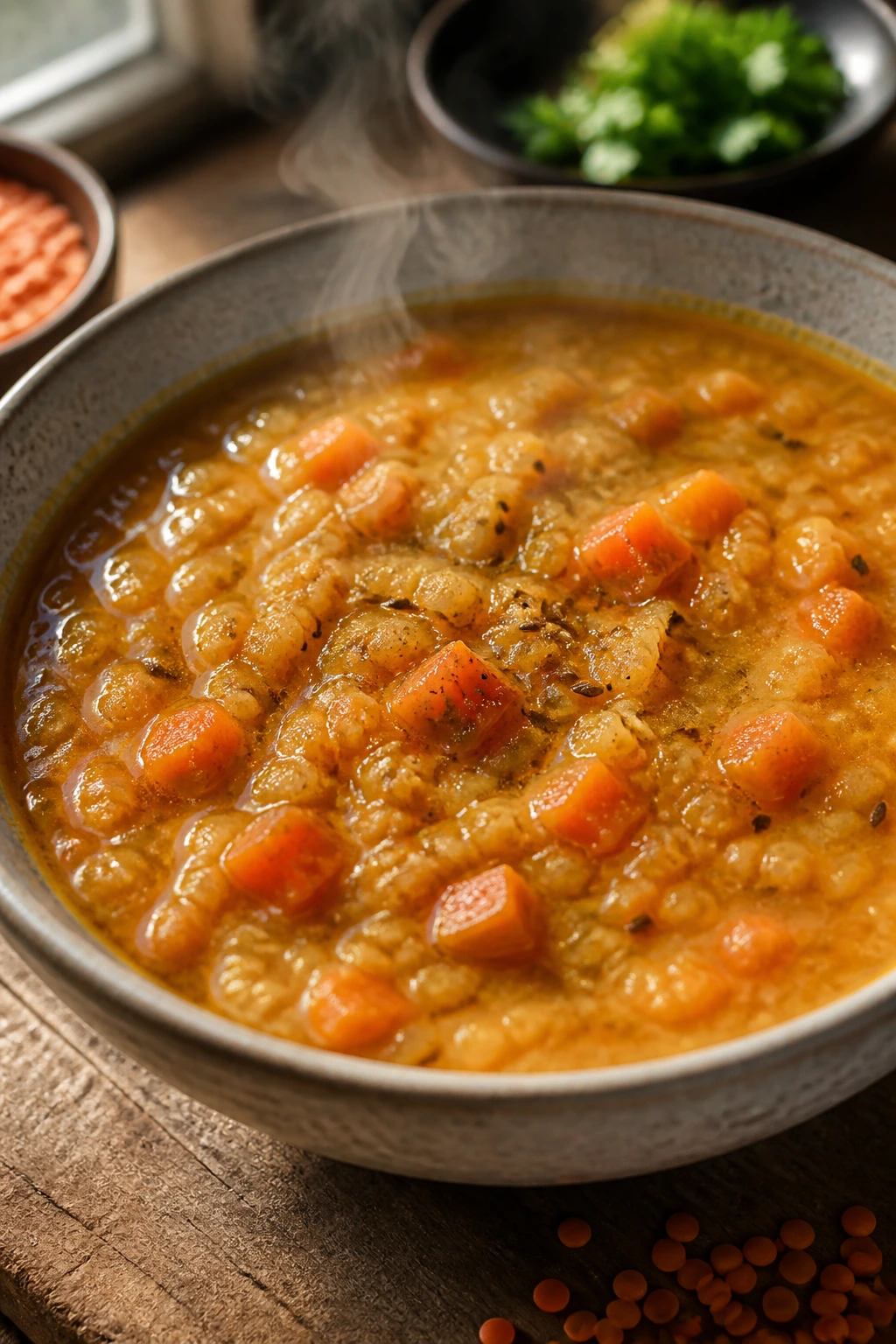 Close-up of red lentil soup with carrots and cumin in a bowl on wooden table