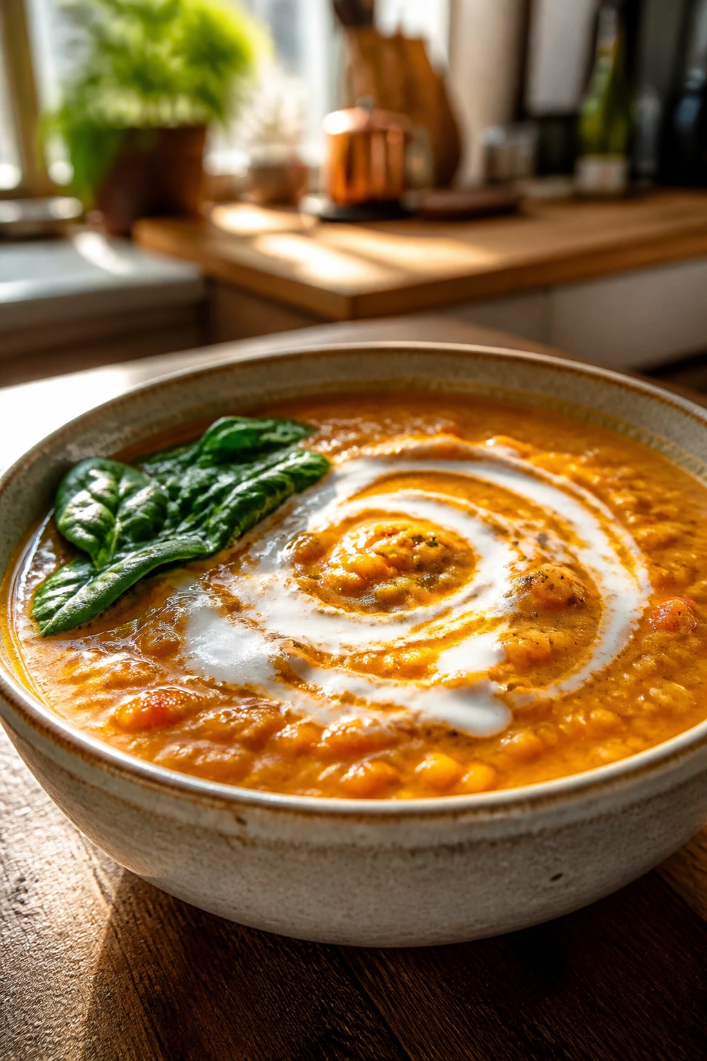 Vibrant red lentil coconut soup with coconut milk swirl