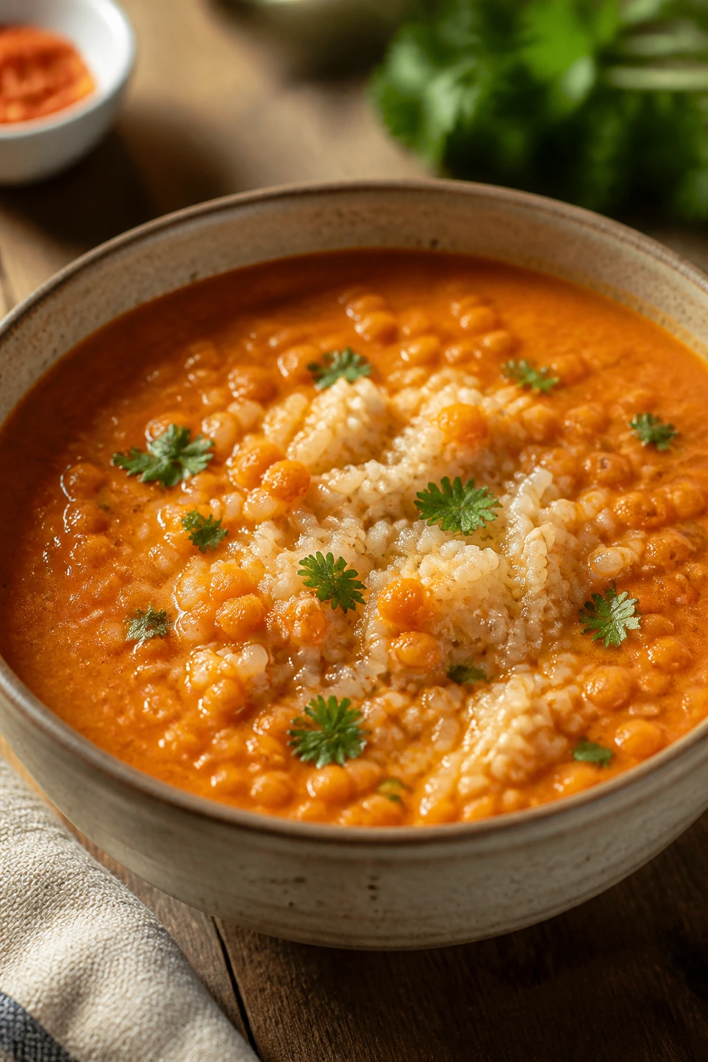Close-up of red lentil coconut soup with rice
