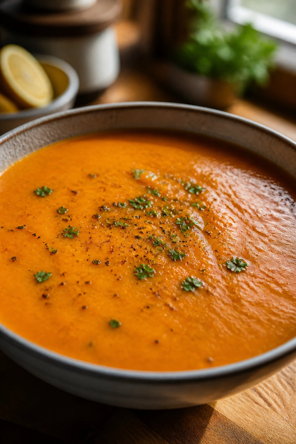 Close-up of red lentil soup in a bowl with cumin notes